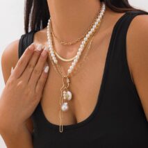 Boho Layered Pearl Tassel Herringbone Cable Chain Y Necklace - ArtGalleryZen