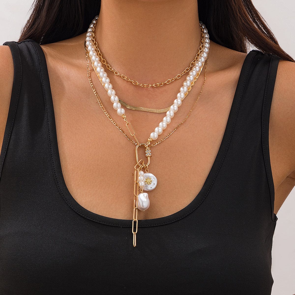 Boho Layered Pearl Tassel Herringbone Cable Chain Y Necklace - ArtGalleryZen