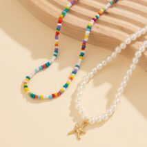 Boho Layered Seed Bead Starfish Pendant Pearl Chain Necklace Set - ArtGalleryZen