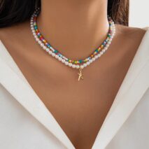 Boho Layered Seed Bead Starfish Pendant Pearl Chain Necklace Set - ArtGalleryZen