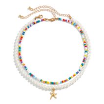 Boho Layered Seed Bead Starfish Pendant Pearl Chain Necklace Set - ArtGalleryZen