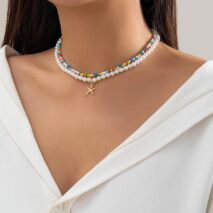 Boho Layered Seed Bead Starfish Pendant Pearl Chain Necklace Set - ArtGalleryZen