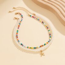 Boho Layered Seed Bead Starfish Pendant Pearl Chain Necklace Set - ArtGalleryZen