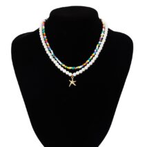Boho Layered Seed Bead Starfish Pendant Pearl Chain Necklace Set - ArtGalleryZen