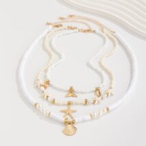 Boho Layered Shell Starfish Mermaid Pendant Pearl Seed Bead Necklace Set - ArtGalleryZen