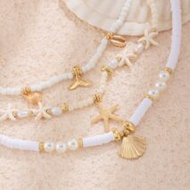 Boho Layered Shell Starfish Mermaid Pendant Pearl Seed Bead Necklace Set - ArtGalleryZen