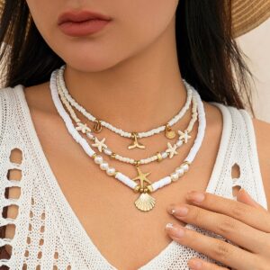 Boho Layered Shell Starfish Mermaid Pendant Pearl Seed Bead Necklace Set - ArtGalleryZen