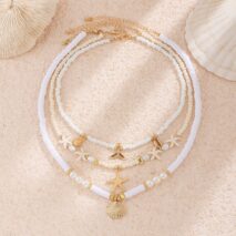 Boho Layered Shell Starfish Mermaid Pendant Pearl Seed Bead Necklace Set - ArtGalleryZen