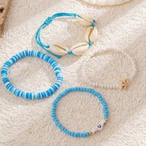 Boho Layered Shell Starfish Polymer Clay Letter Beaded Bracelet Set - ArtGalleryZen