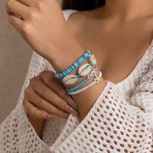 Boho Layered Shell Starfish Polymer Clay Letter Beaded Bracelet Set - ArtGalleryZen