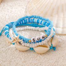 Boho Layered Shell Starfish Polymer Clay Letter Beaded Bracelet Set - ArtGalleryZen