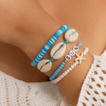 Boho Layered Shell Starfish Polymer Clay Letter Beaded Bracelet Set - ArtGalleryZen