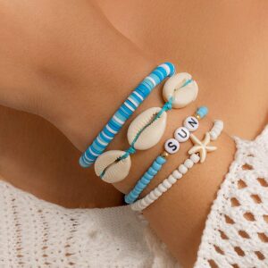 Boho Layered Shell Starfish Polymer Clay Letter Beaded Bracelet Set - ArtGalleryZen
