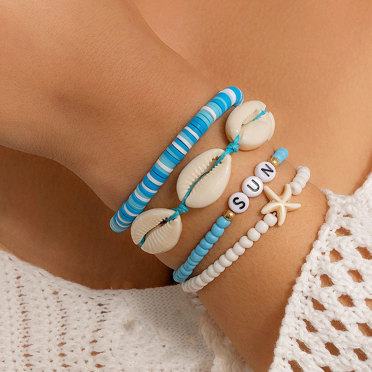 Boho Layered Shell Starfish Polymer Clay Letter Beaded Bracelet Set - ArtGalleryZen