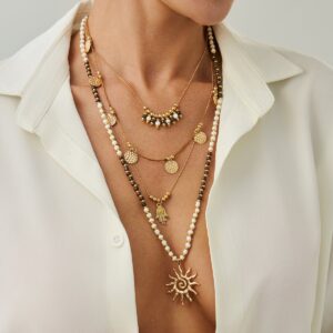 Boho Layered Sun Hamsa Textured Round Disk Pendant Seed Beaded Necklace Set - ArtGalleryZen
