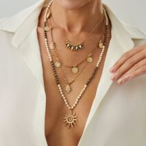 Boho Layered Sun Hamsa Textured Round Disk Pendant Seed Beaded Necklace Set - ArtGalleryZen