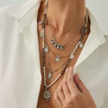Boho Layered Sun Hamsa Textured Round Disk Pendant Seed Beaded Necklace Set - ArtGalleryZen