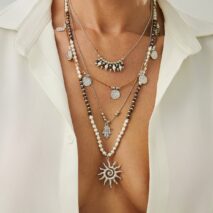 Boho Layered Sun Hamsa Textured Round Disk Pendant Seed Beaded Necklace Set - ArtGalleryZen
