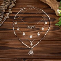 Boho Layered Sun Hamsa Textured Round Disk Pendant Seed Beaded Necklace Set - ArtGalleryZen