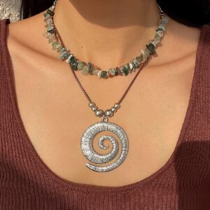 Boho Layered Textured Spiral Pendant Turquoise Stone Chain Velvet Necklace Set - ArtGalleryZen