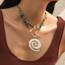 Boho Layered Textured Spiral Pendant Turquoise Stone Chain Velvet Necklace Set - ArtGalleryZen