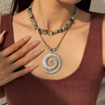 Boho Layered Textured Spiral Pendant Turquoise Stone Chain Velvet Necklace Set - ArtGalleryZen