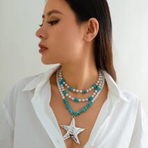 Boho Layered Textured Star Pendant Turquoise Pearl Chain Necklace - ArtGalleryZen