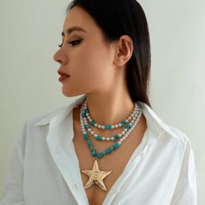 Boho Layered Textured Star Pendant Turquoise Pearl Chain Necklace - ArtGalleryZen