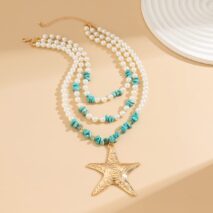 Boho Layered Textured Star Pendant Turquoise Pearl Chain Necklace - ArtGalleryZen