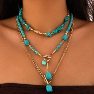 Boho Layered Toggle Clasp Turquoise Pendant Cable Chain Necklace Set - ArtGalleryZen