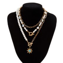 Boho Layered Toggle Clasp Turquoise Sun Pendant Evil Eye Pearl Chain Necklace Set - ArtGalleryZen