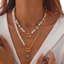 Boho Layered Toggle Clasp Turquoise Sun Pendant Evil Eye Pearl Chain Necklace Set - ArtGalleryZen