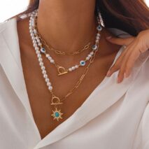 Boho Layered Toggle Clasp Turquoise Sun Pendant Evil Eye Pearl Chain Necklace Set - ArtGalleryZen