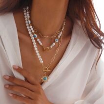 Boho Layered Toggle Clasp Turquoise Sun Pendant Evil Eye Pearl Chain Necklace Set - ArtGalleryZen