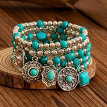Boho Layered Turquoise Inlaid Flower Round Disk Charm Ball chain Bracelet Set - ArtGalleryZen