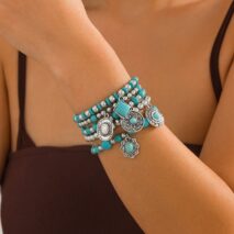Boho Layered Turquoise Inlaid Flower Round Disk Charm Ball chain Bracelet Set - ArtGalleryZen