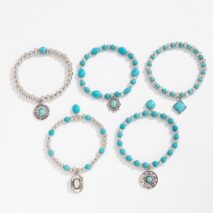 Boho Layered Turquoise Inlaid Flower Round Disk Charm Ball chain Bracelet Set - ArtGalleryZen
