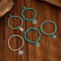 Boho Layered Turquoise Inlaid Flower Round Disk Charm Ball chain Bracelet Set - ArtGalleryZen