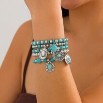 Boho Layered Turquoise Inlaid Flower Round Disk Charm Ball chain Bracelet Set - ArtGalleryZen