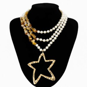 Boho Layered Turquoise Pearl Chain Gold Plated Star Pendant Necklace - ArtGalleryZen