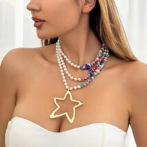 Boho Layered Turquoise Pearl Chain Gold Plated Star Pendant Necklace - ArtGalleryZen