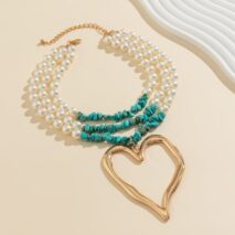 Boho Layered Turquoise Pearl Chain Heart Pendant Choker Necklace - ArtGalleryZen
