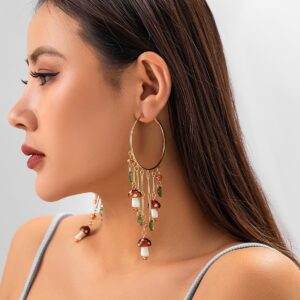 Boho Mushroom Tassel Dangle Hoop Earrings - ArtGalleryZen