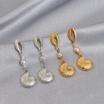Boho Pearl Charm Metallic Conch Shell Earrings - ArtGalleryZen