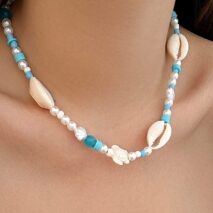 Boho Pearl Crystal Beaded Conch Turtle Necklace - ArtGalleryZen