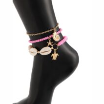 Boho Pink 3Pcs Conch Starfish Turtle Charm Seed Bead Anklet Set - ArtGalleryZen