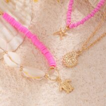 Boho Pink 3Pcs Conch Starfish Turtle Charm Seed Bead Anklet Set - ArtGalleryZen