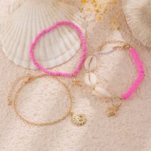 Boho Pink 3Pcs Conch Starfish Turtle Charm Seed Bead Anklet Set - ArtGalleryZen