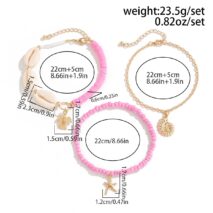 Boho Pink 3Pcs Conch Starfish Turtle Charm Seed Bead Anklet Set - ArtGalleryZen