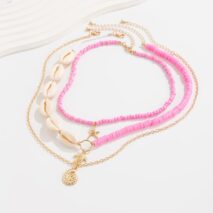 Boho Pink Conch Starfish Turtle Pendant Seed Bead Necklace Set - ArtGalleryZen